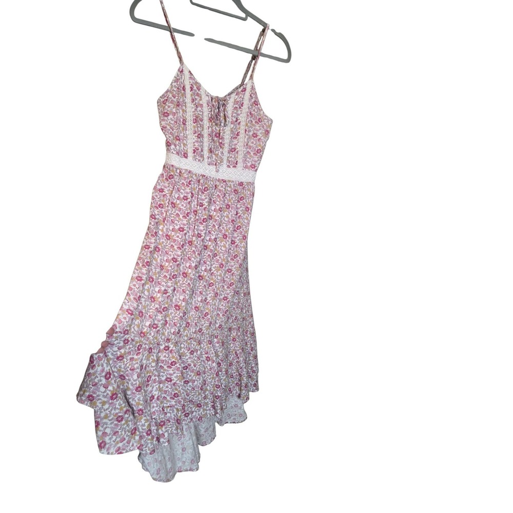 Japna Floral Boho Maxi Dress Pink Lace Trim High Low Ruffle Hem Mermaid Tail Med